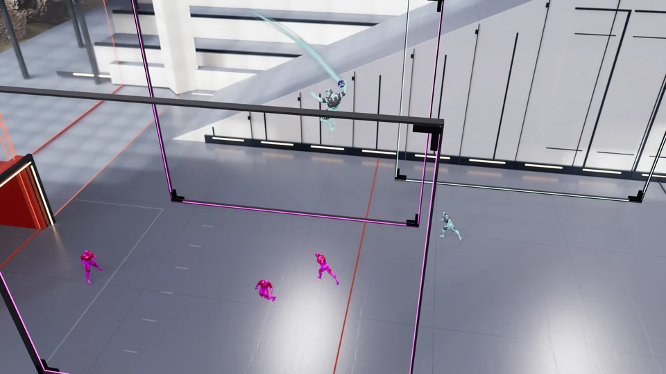 Nastics: airborne play with other players on the court below, fog weather at night