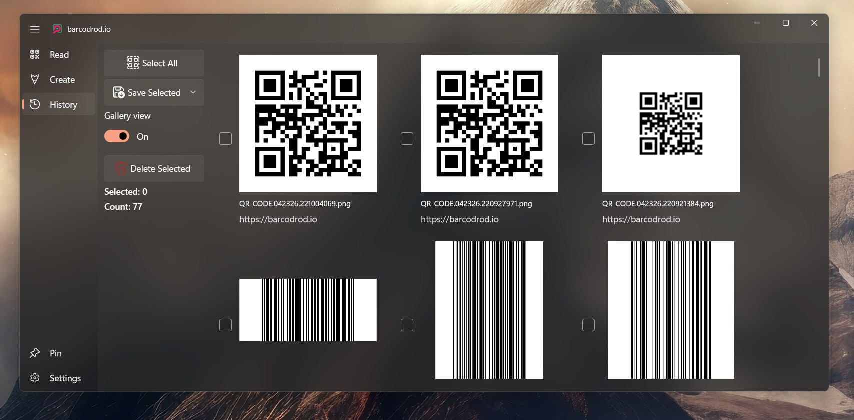 barcodrod.io saved barcode history