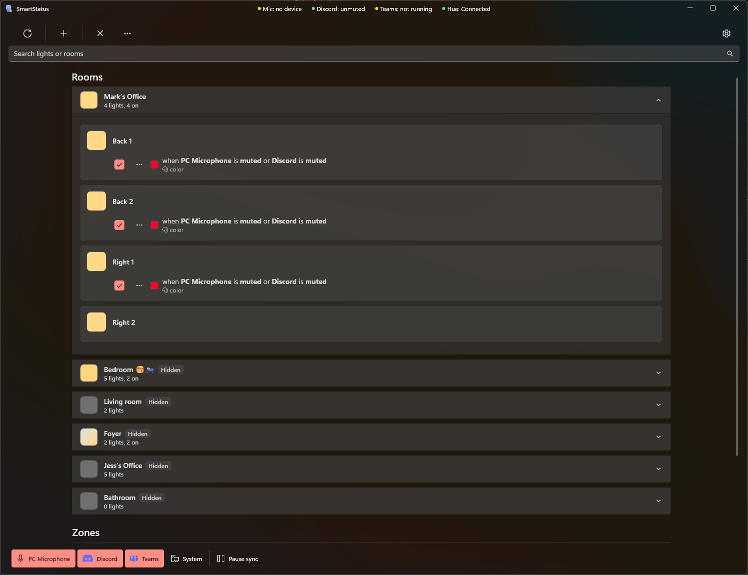 Lightwork Hue status rules and rooms, shown in an earlier build