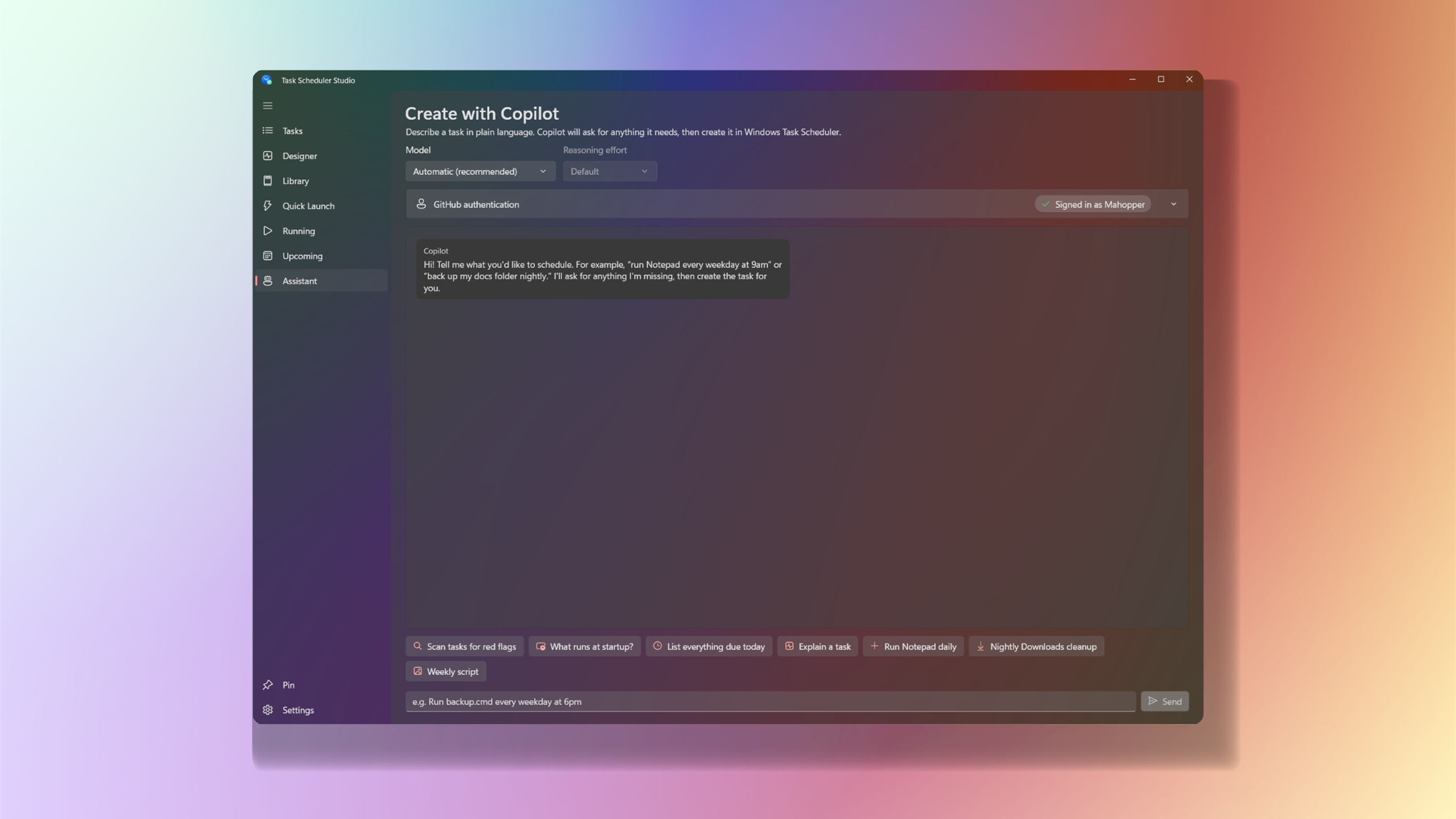 Task Scheduler Studio natural-language assistant