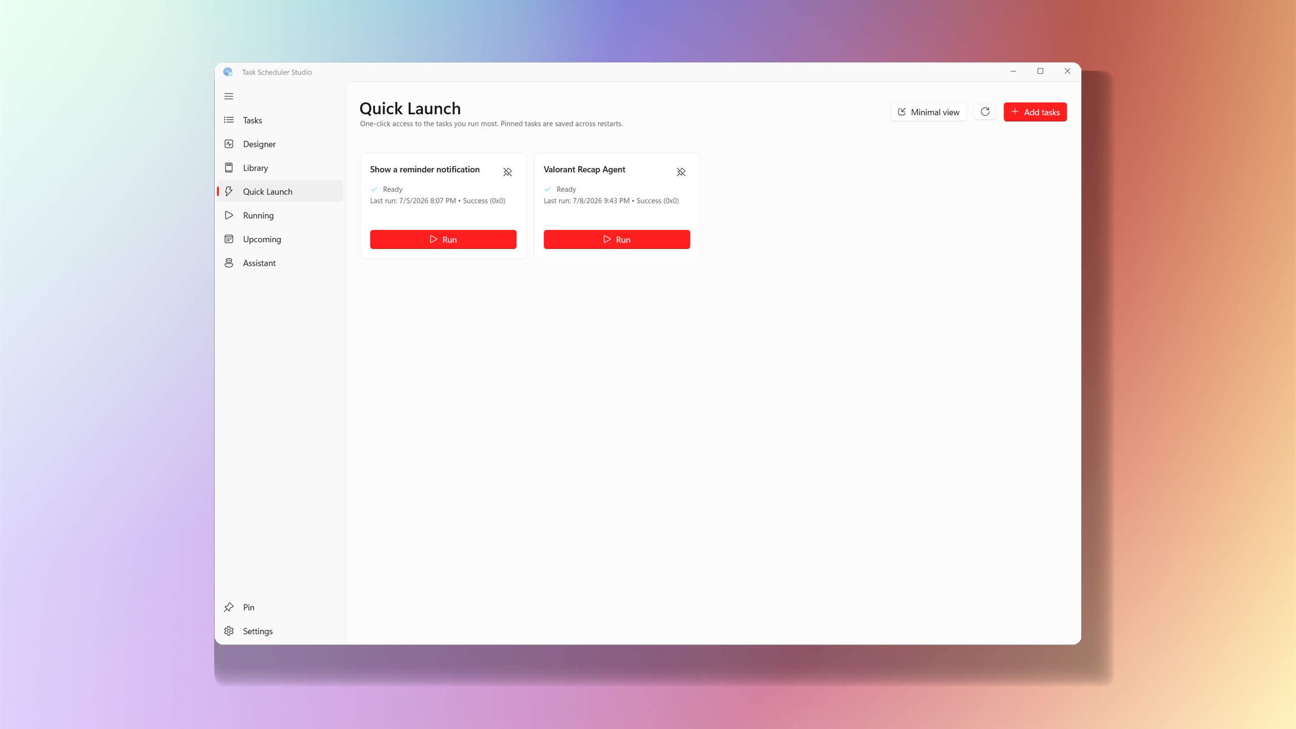 Task Scheduler Studio quick launch view